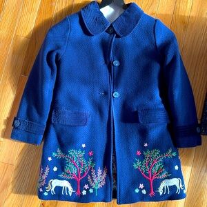 Mini Boden embroidered pea coat with velvet collar, size 6-7